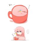  ... 1girl blue_eyes bocchi_the_rock! closed_eyes commentary_request cube_hair_ornament cup flying_sweatdrops gotoh_hitori gotoh_hitori_(tsuchinoko) hair_between_eyes hair_ornament in_container in_cup jacket jitome long_hair pink_hair pink_jacket rebecca_(keinelove) simple_background sleeping spoken_ellipsis track_jacket white_background zzz 