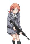  1girl anime_coloring ansatsu_kyoushitsu assault_rifle black_necktie black_socks breasts collared_shirt cowboy_shot green_eyes grey_skirt gun hayami_rinka higami_aya highres holding holding_gun holding_weapon kunugigaoka_middle_school_uniform long_sleeves low-tied_medium_hair low_twintails necktie official_art rifle school_uniform shirt short_twintails simple_background skirt socks solo tachi-e transparent_background tsurime twintails weapon white_shirt 