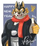  2022 anthro argento_s3w asian_clothing chinese_zodiac clothing east_asian_clothing eyebrows felid fur gesture hi_res holidays japanese_clothing kimono lifewonders live-a-hero male mammal mask new_year one_eye_closed pantherine ryekie_(live-a-hero) scarf solo striped_body striped_fur stripes superhero thick_eyebrows thumbs_up tiger video_games wink year_of_the_tiger 
