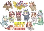  6+girls ahoge anguirus anguirus_(cosplay) aonuma_kiyoharu arms_up belno_light_(umamusume) blue_hair braid brown_hair character_request chibi chibi_only closed_eyes closed_mouth commentary_request cosplay cosplay_request dicta_striker_(umamusume) ear_covers ears_down ears_through_hood flying fujimasa_march_(umamusume) full_body godzilla godzilla_(cosplay) godzilla_(series) green_eyes green_hair grey_hair hair_ornament head_tilt headband highres hood hood_up horns inari_one_(umamusume) king_caesar_(godzilla) king_caesar_(godzilla)_(cosplay) king_ghidorah king_ghidorah_(cosplay) kneeling mask mask_on_head mejiro_ardan_(umamusume) multicolored_hair multiple_girls multiple_heads oguri_cap_(gray_monster)_(umamusume) oguri_cap_(umamusume) open_mouth pacifier parody pink_eyes pink_hair rodan rodan_(cosplay) single_horn smile standing super_creek_(umamusume) symboli_rudolf_(umamusume) tamamo_cross_(umamusume) title_parody two-tone_hair umamusume umamusume:_cinderella_gray v-shaped_eyebrows walking zipper zipper_pull_tab 