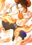  1boy abs arm_tattoo attack black_hair black_shirt commentary fire hat highres jewelry looking_ahead male_focus n_i_c0 necklace one_piece orange_hat pearl_necklace portgas_d._ace pouch shirt short_hair solo tattoo thigh_pouch topless_male 