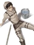  1boy brown_hair bucket chest_harness eren_yeager feet_out_of_frame from_above green_eyes harness head_scarf highres leg_belt looking_at_viewer male_focus mop mrs.yega_(nai0026er) paradis_military_uniform shingeki_no_kyojin short_hair sideburns sitting solo unfinished water 