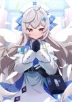  100ton250 1girl angel_wings beatrixa_(stella_sora) black_bag black_gloves blue_necktie gloves green_halo grey_hair hair_ornament halo hashtag-only_commentary hat highres long_hair long_sleeves looking_at_viewer necktie nurse_cap own_hands_clasped own_hands_together red_eyes smile solo stella_sora stethoscope_around_neck white_wings wings x_hair_ornament 