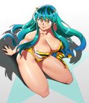  1980s_(style) 1girl animal_print bikini breasts cleavage commentary english_commentary green_hair highres horns large_breasts looking_at_viewer lum oni retro_artstyle smile solo swimsuit takahashi_rumiko_(style) thaxilldingoo tiger_print urusei_yatsura yellow_eyes 