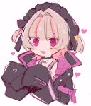  1girl alternate_headwear black_collar black_headdress black_jacket black_ribbon blunt_bangs blush collar colored_inner_hair cropped_torso fang grey_hair hair_intakes hair_ornament hair_ribbon hands_up heart jacket jewelry looking_at_viewer maid_headdress makaino_ririmu makaino_ririmu_(6th_costume) multicolored_hair necklace nijisanji open_clothes open_jacket open_mouth pink_hair pink_jacket pink_streaks pointy_ears red_eyes ribbon short_hair simple_background sleeves_past_fingers sleeves_past_wrists smile smskmbk solo star_(symbol) star_hair_ornament streaked_hair two-sided_fabric two-sided_jacket two-tone_hair two_side_up virtual_youtuber white_background wolf_cut 