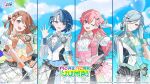  4girls anniversary asymmetrical_clothes blue_eyes blue_hair brown_hair commentary_request copyright_notice flag gloves grey_eyes group_name hanasato_minori hand_to_head highres hinomori_shizuku holding holding_flag juliet_sleeves kaoruko_(unkrk55) kiritani_haruka leaf long_sleeves momoi_airi more_more_jump!_(project_sekai) multiple_girls official_alternate_costume official_alternate_hairstyle official_art open_mouth pink_eyes pink_hair project_sekai puffy_sleeves short_sleeves upper_body waving 