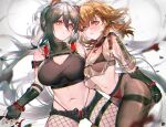  2girls adjusting_clothes animal_ears arknights arm_strap bangs bare_shoulders bikini bikini_under_clothes black_bikini black_gloves black_hair black_shorts blush bracelet breasts bright_pupils brown_eyes brown_hair brown_legwear cat_ears cleavage cleavage_cutout clothing_cutout commentary_request crop_top crossover earrings elbow_gloves eyebrows_behind_hair fishnet_legwear fishnets gloves hair_between_eyes highres jewelry large_breasts long_hair looking_at_viewer medium_breasts misaka_mikoto mismatched_bikini mkt_(pixiv15187870) multiple_girls nail_polish navel open_fly pantyhose parted_lips red_bikini red_nails schwarz_(arknights) see-through short_hair short_shorts short_sleeves shorts stomach swimsuit thighband_pantyhose thong_bikini toaru_kagaku_no_railgun toaru_majutsu_no_index underboob unzipped very_long_hair 