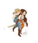  1boy 1girl black_boots black_hair blonde_hair blue_pants blue_vest blue_wrist_cuffs bodysuit boots breasts cat_tail closed_mouth crystal dated final_fantasy final_fantasy_ix full_body garnet_til_alexandros_xvii hair_ornament hairclip jewelry long_hair looking_at_another low-tied_long_hair low_ponytail medium_breasts motoyama_masako orange_bodysuit pants parted_bangs parted_lips pendant ponytail shirt signature sketch smile tail thigh_strap vest white_background white_shirt wrist_cuffs zidane_tribal 