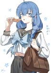  1girl absurdres ahoge bag black_skirt blue_eyes blue_hair blue_neckerchief braid bread bread_slice brown_bag chinese_commentary collarbone commentary crossed_bangs dated food from_side hair_horns hair_over_shoulder highres holding_bread looking_at_viewer looking_to_the_side lower_teeth_only midriff mushoku_tensei navel neckerchief open_mouth pleated_skirt roxy_migurdia sailor_collar school_bag school_uniform sideways_glance signature simple_background skirt solo teeth toast translated twin_braids upper_body white_background yisjhui 