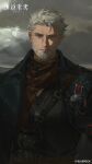  1boy absurdres black_coat black_shirt blue_eyes brown_neckerchief closed_mouth coat copyright_name copyright_notice dog_tags grey_sky highres igor_(reverse:1999) logo looking_at_viewer male_focus mature_male neckerchief official_art official_wallpaper old old_man open_clothes open_coat outdoors overcast reverse:1999 scar scar_across_eyebrow scar_on_face shirt short_hair sidelighting sky straight-on upper_body white_beard white_hair 