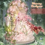  1girl arch artist_request bamboo bamboo_forest bouquet bow brown_eyes cape character_name copyright_logo covered_mouth day dress dress_bow dress_flower english_text feathers floating_cape floating_hair flower forest frilled_dress frilled_sleeves frills full_body fur-trimmed_cape fur_trim gown holding holding_bouquet light_particles lily_(flower) logo long_dress long_hair miracle_nikki nature nikki_(nikki) nikki_(series) official_art outdoors parted_bangs petals pillar pink_flower pink_hair railing red_bow red_cape short_sleeves solo standing third-party_source tiara very_long_hair wavy_hair when_blossoms_gather_(miracle_nikki) white_dress white_flower wind window 