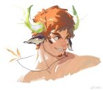  1boy animal_ears bara brown_eyes brown_hair cow_boy cow_ears cow_horns cropped_shoulders dichuan_(arriverw) facial_hair feather_necklace fiery_horns forked_eyebrows glowing_horns goatee highres horns looking_to_the_side male_focus short_hair sketch smile solo thick_eyebrows tokyo_afterschool_summoners wakan_tanka white_background 