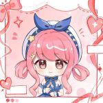  1girl :3 bare_shoulders beret blue_bow blue_bowtie blue_choker blue_dress blue_sleeves blue_wrist_cuffs border bow bow_choker bowtie brown_eyes bubble bubbly_voyage_(infinity_nikki) buttons chibi chinese_commentary choker closed_mouth collared_dress commentary_request cropped_legs detached_sleeves dress frilled_choker frilled_sleeves frilled_wrist_cuffs frills hair_ornament hair_rings hairclip halftone happy hat hat_bow hat_ornament heart highres infinity_nikki jiwang68127 light_blush long_sidelocks nikki_(nikki) nikki_(series) notice_lines pink_background rabbit_hair_ornament short_sleeves sidelocks smile solo sparkle star_(symbol) star_hat_ornament straight-on strapless strapless_dress wavy_hair white_border white_hat wrist_cuffs 