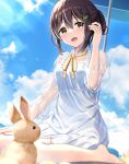  1girl :d bangs beach black_hair blue_sky brown_eyes bunny cloud commentary_request day dress eyebrows_visible_through_hair hair_between_eyes hair_ornament highres leaf_hair_ornament lens_flare looking_at_viewer open_mouth original outdoors sand_sculpture see-through_sleeves shimofuri_takenoko sidelocks sitting sky smile solo sunlight wariza white_dress 