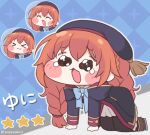  >_< 1girl :3 all_fours beret black_coat black_hat braid chibi chibi_only coat commentary_request full_body hat highres hood hood_down hooded_coat long_hair long_sleeves meme open_mouth parody pleading_eyes princess_connect! purple_eyes school_uniform speakiposting_(meme) st._theresa's_girls_academy_school_uniform tanigawa_kent tearing_up trickcal twin_braids twitter_username wavy_eyes x3 yuni_(princess_connect!) 