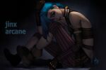  1girl ankle_boots arcane:_league_of_legends arcane_jinx asdj bangs bare_shoulders blue_hair boots braid breasts brown_footwear brown_gloves character_name clip_studio_paint_(medium) copyright_name fingerless_gloves from_side gloves highres jinx_(league_of_legends) league_of_legends long_hair looking_at_viewer no_tattoo pants parted_lips pink_pants solo striped striped_pants teeth twin_braids 