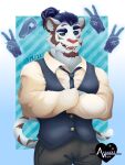  absurd_res anthro ayasakiace clothed clothing digital_media_(artwork) disembodied_hand felid ghost_hands hair hi_res looking_at_viewer male male/male mammal pantherine simple_background smile solo suit tiger 