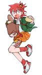  1girl :d ankle_socks bag baguette bike_shorts bike_shorts_under_skirt blazer bread collared_shirt commentary dot_nose fang floating floating_clothes food from_side full_body genderswap genderswap_(mtf) green_jacket grid_print hair_between_eyes hand_up highres holding holding_bag holding_food jacket long_sleeves looking_at_viewer melon_bread miniskirt mismatched_eyebrows multicolored_shoes naruko_shoukichi necktie o_omome one_side_up open_clothes open_jacket open_mouth paper_bag pleated_skirt red_eyes red_hair red_necktie red_shoes red_socks sandwich school_uniform shirt shirt_tucked_in shoes short_hair simple_background skirt smile sneakers socks solo symbol-only_commentary tiger_hair_ornament two-tone_shoes undone_necktie v-shaped_eyebrows white_background white_shirt white_shoes yellow_skirt yowamushi_pedal 
