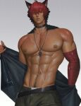  1boy abs absurdres animal_ear_fluff animal_ear_piercing animal_ears back_hair bare_pectorals black_collar black_hair bulge collar collarbone commentary cowboy_shot crossed_bangs dog_boy dog_ears green_pants hair_between_eyes highres jacket jewelry komano_manato light_smile looking_at_viewer male_focus male_pubic_hair male_underwear male_underwear_peek multicolored_hair multiple_scars muscular muscular_male navel_hair necklace nickakito nipple_bar nipple_piercing no_shirt open_pants pants parted_lips pectorals photoshop_(medium) piercing pinup_(style) pubic_hair red_bandage red_eyes red_hair removing_jacket scar scar_across_eye scar_on_chest scar_on_face scar_on_stomach simple_background solo sweat symbol-only_commentary two-tone_hair underwear undressing white_male_underwear zenless_zone_zero 