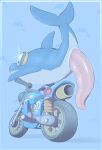  2026 backsash big_penis blue_body blue_skin cetacean digital_media_(artwork) dolphin dolphin_(mario) erection eyewear feral fish genitals hi_res looking_at_viewer looking_back male mammal marine mario_bros motorcycle multicolored_body nintendo nude oceanic_dolphin penis simple_background solo tail tapering_penis toothed_whale vehicle video_games 