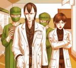  1boy 1girl 2others black_hair black_shirt breast_pocket buttons closed_eyes coat crossed_arms gloves green_hat hand_in_pocket hat hikawa_(megami_tensei) hospital lab_coat looking_at_viewer looking_to_the_side mask medical_gloves medical_scrubs mouth_mask multiple_others pocket red_lips red_nails shin_megami_tensei shin_megami_tensei_iii:_nocturne shirt short_hair stethoscope_around_neck surgical_mask takao_yuko turtleneck watabashi_yf white_coat 