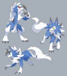  1other alternate_color blue_fur claws colored_sclera commentary_request full_body furry green_eyes grey_background highres lycanroc lycanroc_(dusk) lycanroc_(midday) lycanroc_(midnight) pokemon pokemon_(creature) red_sclera shiny_pokemon simple_background snout standing sukasshu_(mroooo) two-tone_fur white_fur wolf yellow_eyes 
