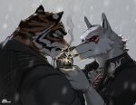 2026 anthro black_nose canid canine canis catclawcaramel cigarette clothed clothed_anthro clothed_male clothing colored duo epic_games felid fletcher_kane fortnite fur hi_res indirect_kiss male mammal oscar_(fortnite) pantherine signature smoking smoking_cigarette striped_body striped_fur stripes tiger wolf