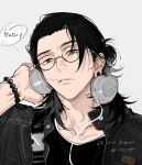  1boy black_hair black_jacket black_pearl black_shirt bracelet brown_eyes closed_mouth english_text getou_suguru grey_background hair_bun headphones highres jacket jewelry jujutsu_kaisen laoyepo lollipop_in_mouth looking_at_viewer male_focus medium_hair pearl_bracelet plug_(piercing) portrait shirt short_hair simple_background solo speech_bubble twitter_username 