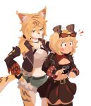 2025 absurd_res accessory anthro blonde_hair blush blush_stickers bottomwear breasts burnice_white cleavage cleavage_cutout clothed clothing collar comic crop_top cutout digital_media_(artwork) duo ear_tuft eyewear eyewear_on_head felid feline female female/female fingerless_gloves fur fur_tuft gloves green_eyes hair hair_accessory hand_on_hip handwear headpat hi_res human inner_ear_fluff jacket leather leather_clothing leather_jacket leather_topwear mammal mangedugruau midriff mihoyo navel neck_tuft petting pigtails pulchra_fellini red_eyes shirt shorts simple_background size_difference skirt sunglasses sunglasses_on_head tail thiren topwear tube_top tuft twintails_(hairstyle) white_body yellow_body yellow_fur zenless_zone_zero