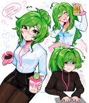  1girl ? ahoge black_eyes blush breasts can cleavage clenched_teeth closed_eyes collared_shirt commentary computer_keyboard cup drunk english_commentary english_text fizzeru frog glasses green_hair hair_bun hair_ornament hand_on_own_cheek hand_on_own_face hangover heart heart_ahoge heart_hair_ornament highres holding holding_can holding_cup id_card instant_cup_noodles instant_noodles lanyard long_hair long_sleeves miniskirt mug multiple_views nose_blush office_lady open_mouth original pantyhose partially_unbuttoned pink-framed_eyewear ponytail scrunchie shaded_face shirt single_hair_bun sitting skirt sleeves_past_wrists smile smoke squeans sweater teeth typing wilted_ahoge wrist_scrunchie 