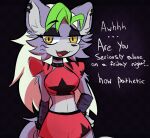  2022 anthro belly big_breasts black_background blonde_hair breasts clothed clothing ear_tuft english_text female five_nights_at_freddy&#039;s five_nights_at_freddy&#039;s:_security_breach fur green_highlights grey_body grey_fur hair hand_on_hip highlights_(coloring) long_hair looking_at_viewer narrowed_eyes navel open_mouth open_smile red_clothing roxanne_wolf_(fnaf) scottgames simple_background slumberdoq smile solo teeth text tongue tuft video_games yellow_eyes 