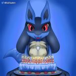  animated anthro birthday_cake black_body black_fur blubluumon blue_body blue_fur breasts cake canid canine dessert fangs female food fur happy lucario mammal nintendo pok&eacute;mon pok&eacute;mon_(species) red_eyes smile smiling_at_viewer solo tail_motion tailwag video_games 