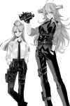  2girls :&lt; ahoge alternate_costume alternate_hairstyle anno88888 bangs belt binoculars breasts closed_mouth commentary_request eyebrows_visible_through_hair gloves greyscale gun hair_between_eyes hand_in_pocket handgun hands_in_pockets headgear highres holding holster holstered_weapon kantai_collection leg_strap long_hair medium_breasts monochrome multiple_girls necktie pants partially_fingerless_gloves ponytail shirt simple_background south_dakota_(kancolle) star_(symbol) thigh_strap vest washington_(kancolle) weapon 