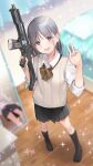  1girl absurdres assault_rifle black_skirt black_socks blush bow bowtie collared_shirt ear_piercing earrings full_body fuzuki_fuuro grey_eyes grey_hair gun h&amp;k_g36 h&amp;k_g36c highres holding holding_gun holding_weapon indoors jewelry looking_at_viewer medium_hair mirror non-web_source open_mouth original piercing pleated_skirt reflection rifle school_uniform shirt skirt smile socks solo sparkle stud_earrings sweater_vest tachibana_kanna v weapon white_shirt 
