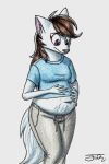  air_inflation anthro arctic_wolf belly belly_rub bloated bloated_belly canid canine canis celeste_(someguy7733) clothing female fluffy fur inflation mammal roarythefygar shirt solo sweatpants t-shirt topwear traditional_media_(artwork) white_body white_fur wolf worried 