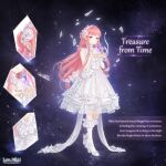  1girl ankle_flower ankle_socks artist_request back_bow bare_shoulders blue_eyes blunt_bangs bow character_name close-up copyright_logo dot_nose dress dress_flower english_text eyelashes flower footwear_bow frilled_socks frilled_wrist_cuffs frills full_body glass_shards hair_bun hair_flower hair_ornament happy high_heels jewelry lace-trimmed_dress lace_trim light_blush logo long_hair looking_at_viewer medium_dress miracle_nikki nikki_(nikki) nikki_(series) object_floating_above_hand official_art open_mouth outline pendant pink_hair pleated_dress pumps ribbon rose shoes single_bare_arm single_side_bun single_wrist_cuff smile socks solo space standing star_(sky) tareme third-party_source treasure_from_time_(miracle_nikki) turtleneck turtleneck_dress very_long_hair wavy_hair white_bow white_dress white_flower white_ribbon white_rose white_shoes white_socks white_wrist_cuffs wrist_cuffs wrist_ribbon 