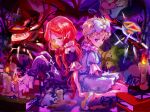  2girls blonde_hair candle chocolat_meilleure domadomaddo dress green_eyes hat heart_pendant highres jewelry long_hair looking_at_viewer multiple_girls pajamas pendant pointy_ears purple_eyes short_hair sitting sugar_sugar_rune unfinished vanilla_mieux 
