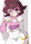  1girl big_hair breasts capelet commentary_request drdr_ao_midoro glasses green_eyes high-waist_skirt long_sleeves mature_female medium_skirt pencil_skirt pink-framed_eyewear pink_sweater pokemon pokemon_sm purple_hair ribbed_sweater short_hair skirt smile solo sweater turtleneck turtleneck_sweater white_capelet white_skirt wicke_(pokemon) 