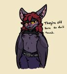 2026 aliasing amber_eyes anthro areola arrow_(weapon) bat belt bizart blush blush_lines bottomwear bra breasts choker claws clothed clothing denim denim_bottomwear denim_clothing digital_media_(artwork) ear_piercing english_text exposed_breasts eyelashes fangs female flying_fox fur hair jeans jewelry looking_at_viewer mammal megabat membrane_(anatomy) membranous_wings necklace nipple_piercing nipples open_mouth pants partially_clothed piercing presenting presenting_breasts purple_body purple_fur purple_nipples ranged_weapon red_hair semi-anthro simple_background slim small_breasts smile solo sore teeth text tongue tuft underwear undressing undressing_self velika_(bizart) weapon winged_arms wings yellow_eyes