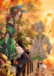  2girls animal_ears autumn autumn_leaves bare_shoulders black_gloves bow brown_hair dress ear_covers feet_out_of_frame frilled_legwear gloves green_bow grey_hair hair_bow hand_on_hip highres horse_ears horse_girl horse_tail king_halo_(umamusume) leaning_on_rail long_hair long_sleeves multiple_girls ninjin_nouka off-shoulder_dress off_shoulder outdoors seiun_sky_(umamusume) short_hair short_sleeves shorts smile tail thigh_strap thighhighs tree umamusume wide_sleeves 