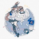  1girl absurdres amiya_(arknights) amiya_(guard)_(arknights) amiya_(guard)_(in_a_myriad_of_universes)_(arknights) animal_ears arknights armor black_skirt blue_eyes bow box brown_hair center_frills chess_piece choshanland_plushy_(arknights) commentary dress frilled_dress frills full_body gauntlets gift gift_box greaves hair_between_eyes hair_ornament highres infection_monitor_(arknights) jewelry knight_(chess) leyuanzhuifang long_hair lying multiple_rings official_alternate_costume on_back open_box pawn_(chess) rabbit_ears rabbit_girl red_ribbon ribbon ring rook_(chess) rosmontis_(arknights) single_gauntlet single_greave skirt star_(symbol) symbol-only_commentary thigh_strap white_bow white_dress zuo_le_(arknights) 