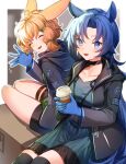  2girls :d ahoge animal_ears arknights bangs black_choker black_jacket black_legwear blonde_hair blue_dress blue_eyes blue_gloves blue_hair blush border bow box breasts cardboard_box choker collarbone cup disposable_cup dress eyebrows_visible_through_hair fang_(arknights) geta_(epicure_no12) gloves green_bow hair_bow hair_ornament hairclip highres holding holding_cup horse_ears id_card jacket kroos_(arknights) long_hair long_sleeves looking_at_viewer medium_breasts motion_lines multiple_girls on_box open_clothes open_jacket open_mouth outside_border rabbit_ears short_hair sitting smile thigh_strap thighhighs very_long_hair waving white_border yokozuwari zettai_ryouiki 