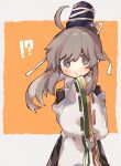  !? 1girl ahoge bangs black_headwear commentary_request grey_background grey_eyes grey_hair hands_in_opposite_sleeves highres japanese_clothes kariginu long_hair long_sleeves mamimu_(ko_cha_22) mononobe_no_futo ponytail ribbon-trimmed_sleeves ribbon_trim solo touhou upper_body wide_sleeves yellow_background 