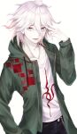  1boy absurdres bangs black_pants chain collarbone commentary_request danganronpa_(series) danganronpa_2:_goodbye_despair green_jacket grey_eyes hair_between_eyes hand_up highres hood hood_down hooded_jacket jacket komaeda_nagito long_sleeves male_focus medium_hair messy_hair open_clothes open_jacket pale_skin pants print_shirt shirt short_hair simple_background smile white_background white_hair yuunamida_uyu 