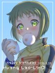  1girl bag blue_background blush character_name commentary_request dated dumpling eyelashes food food_in_mouth green_eyes happy_birthday heart highres holding holding_bag holding_food huang_pao-lin kamubakku_93003 long_sleeves paper_bag short_hair solo tiger_&amp;_bunny 