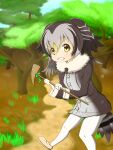  1girl beige_footwear bird_girl bird_tail coat feathers forest_owlet_(kemono_friends) gloves grey_coat grey_hair grin highres holding kemono_friends mary_janes owl_girl shoes smile solo tail tree white_gloves yellow_eyes yuuyrx 