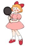  1girl :d blonde_hair blue_eyes bow dress frying_pan full_body gan2 hair_bow highres holding holding_frying_pan mother_(series) mother_2 no_nose open_mouth paula_(mother_2) pink_dress puffy_short_sleeves puffy_sleeves red_bow red_shoes shoes short_hair short_sleeves simple_background smile socks solid_oval_eyes solo white_background white_socks 