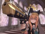  1girl animal_ear_headwear bench blue_archive cathedral church church_interior commentary_request desert_eagle false_smile gun habit halo handgun indoors mari_(blue_archive) nun pistol pointing pointing_at_viewer pointing_weapon sailor_collar shikakui_kyomu weapon window 