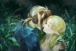  1boy 1girl black_gloves blonde_hair blue_eyes breasts brown_hair cleavage couple earrings elf fingerless_gloves gloves green_eyes hetero holding_hands imminent_kiss interlocked_fingers jewelry link long_hair necklace open_mouth outdoors pearjarrr pointy_ears ponytail princess_zelda rain shiny shiny_hair small_breasts the_legend_of_zelda the_legend_of_zelda:_breath_of_the_wild twitter_username wet wet_hair 