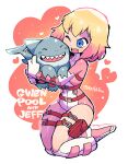  1girl :d absurdres belt_pouch blonde_hair blue_eyes blush bodysuit boots character_name character_request gloves gradient_hair gwen_poole gwenpool highres jeff_(marvel) kneeling marvel multicolored_hair one_eye_closed open_mouth pink_bodysuit pink_hair pouch rariatto_(ganguri) shark smile thigh_strap twitter_username white_footwear white_gloves 